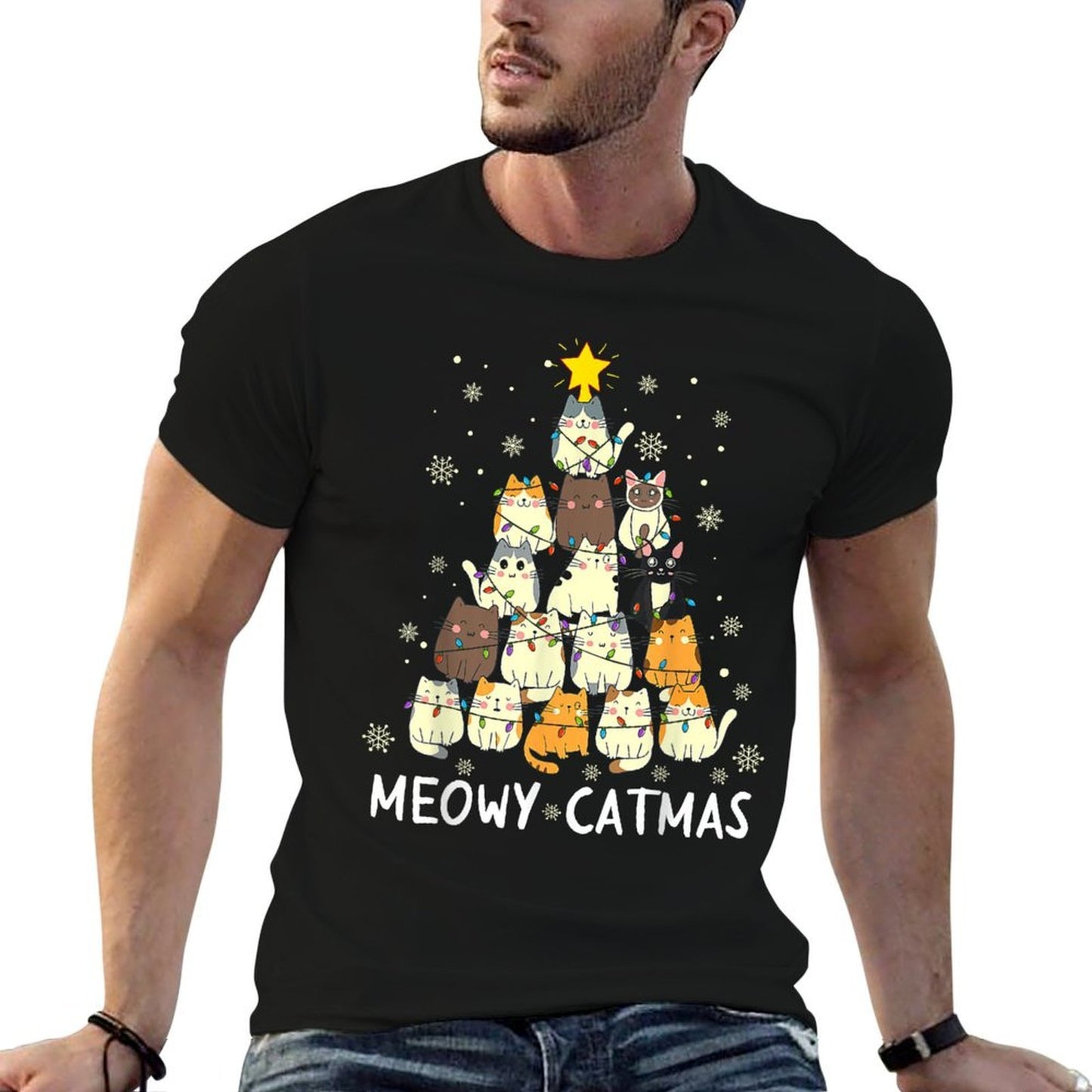 Meowy Catmas Cat Christmas Tree Xmas Girls Boys Funny Santa Ribbed Collar T-Shirt
