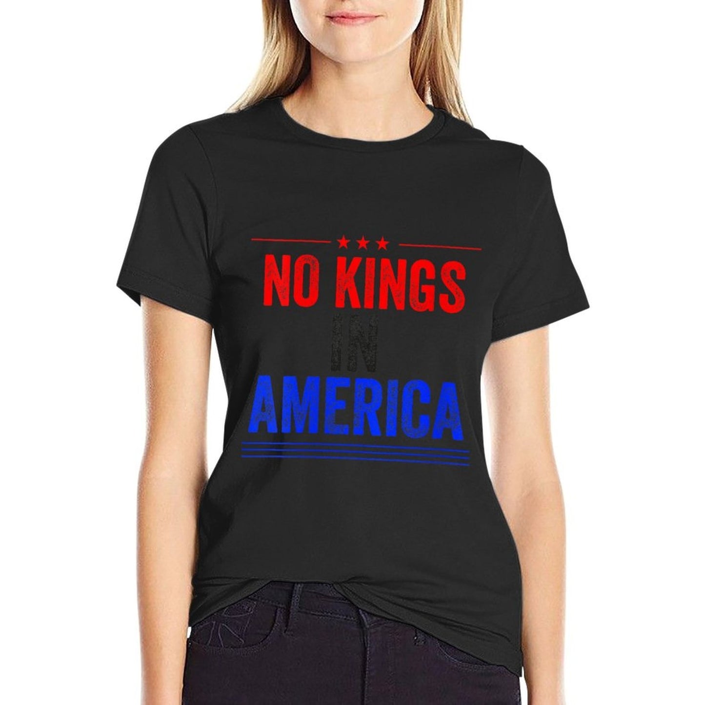 Womens No Kings in America Flag Protest Save Democracy Rolled Sleeves T-Shirt