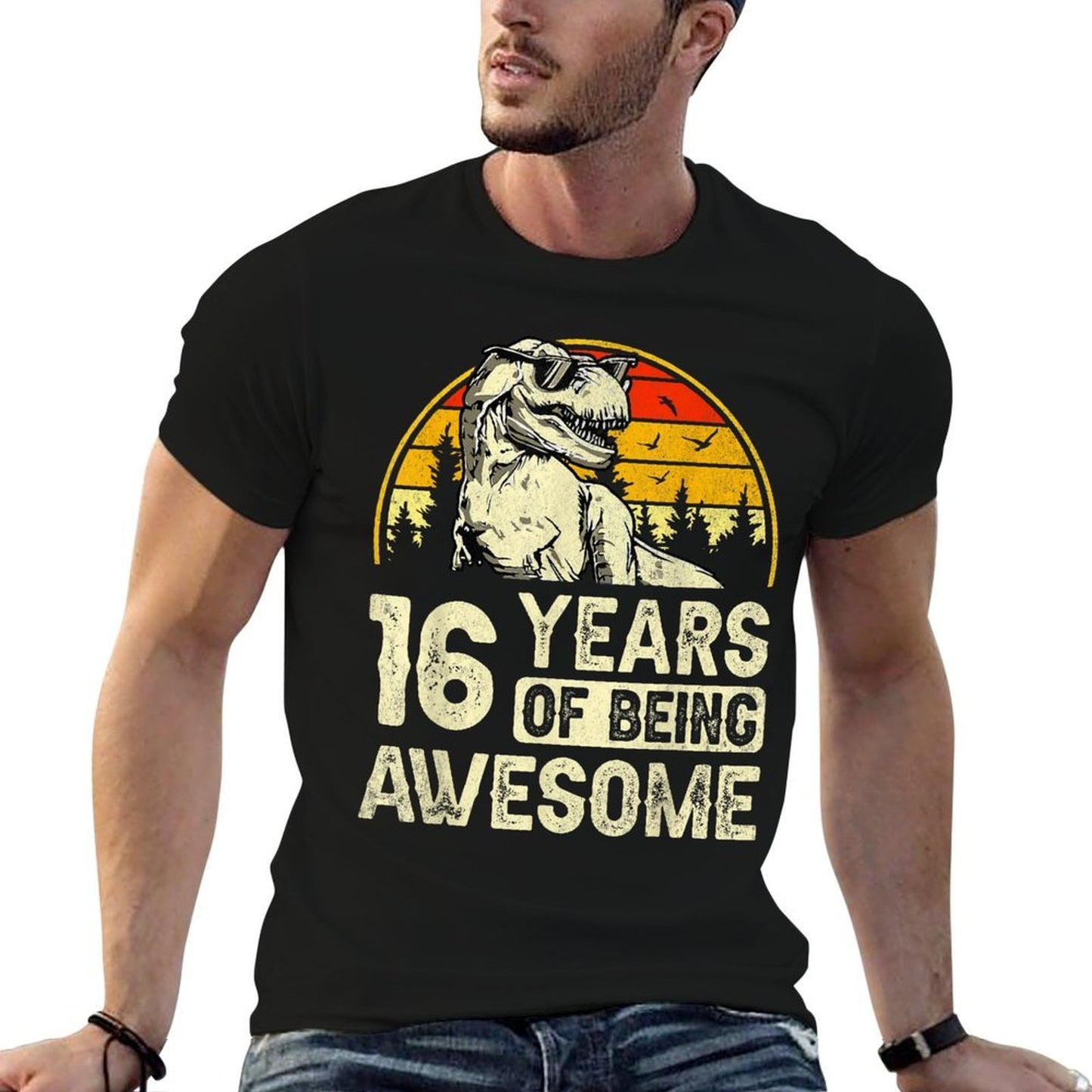 16th Birthday Boys 16yr 16 Year Old Dinosaur T-Rex Heathered Texture T-Shirt