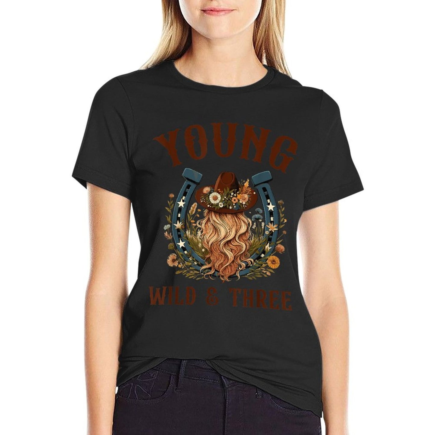 Young Wild & Three 3rd Birthday Wildflowers Western Boho Cotton T-Shirt
