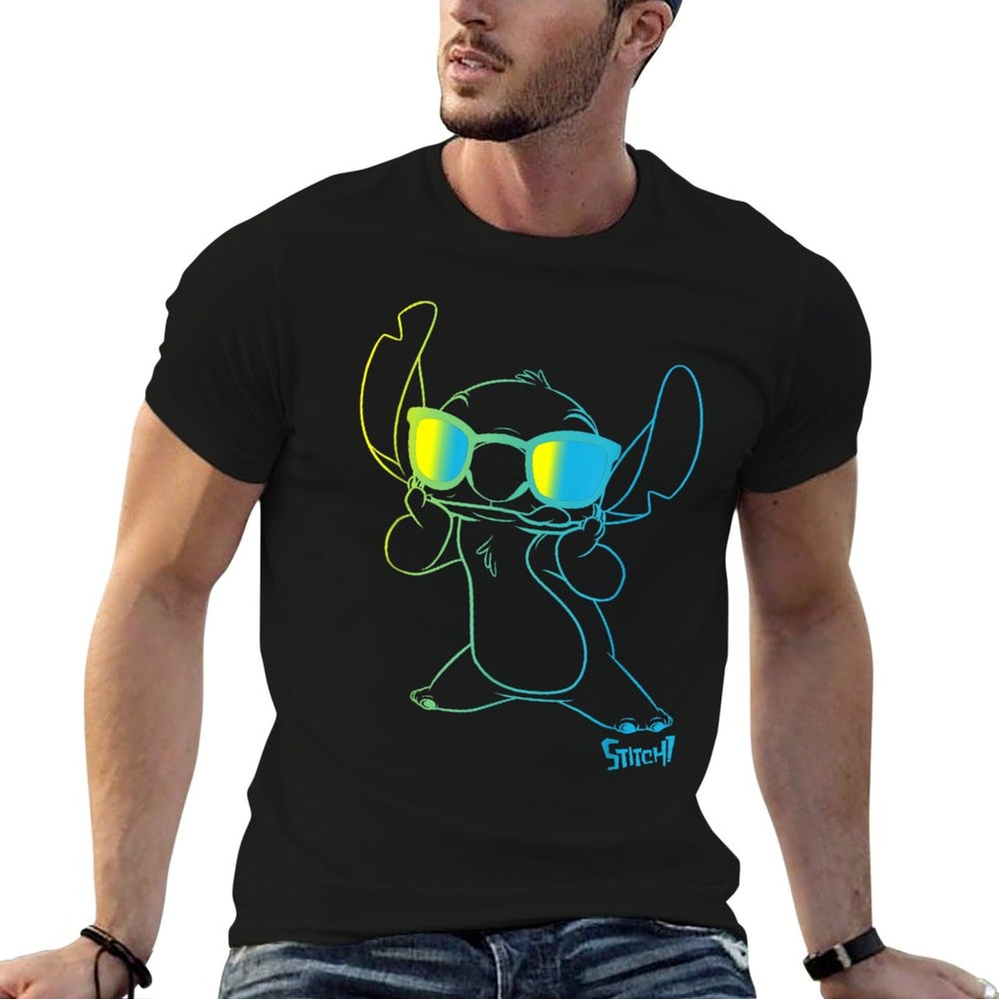 Lilo & Stitch Cool Stitch Neon Outline Chest Portrait Wrinkle-resistant T-Shirt