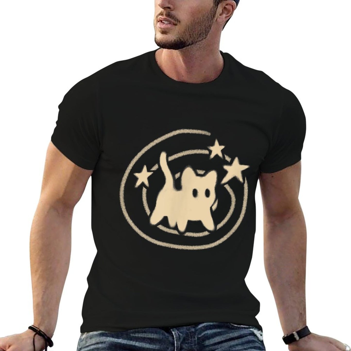 90s Y2K Scary Tomcat Cat Is Scared Under Starry Tail Polyester Blend T-Shirt