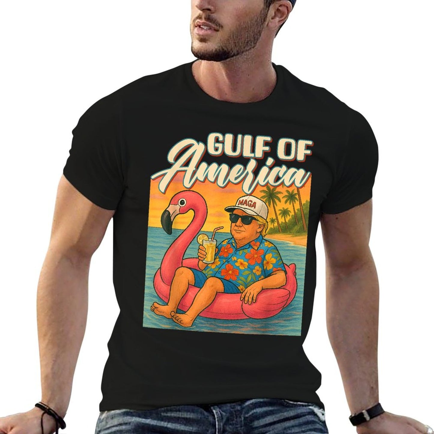 Funny Trump Flamingo Float Gulf Of US America Beach Lover Relaxed-fit T-Shirt