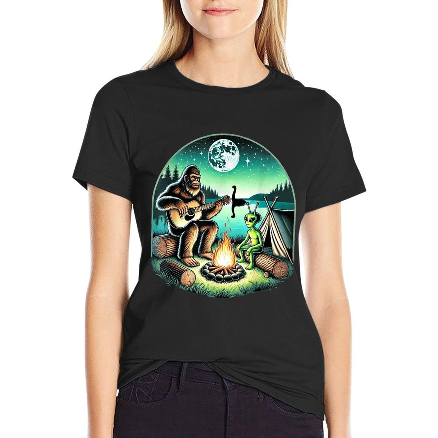 Alien And Bigfoot Loch Ness Campfire Sasquatch Guitar Affordable Price T-Shirt