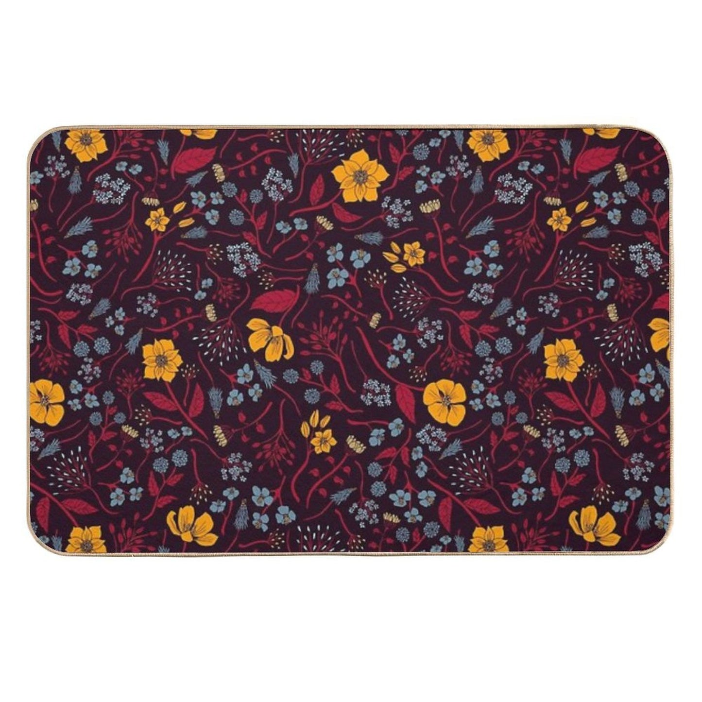 Mustard Yellow, Burgundy & Blue Floral Pattern Easy Maintenance Bath Mat