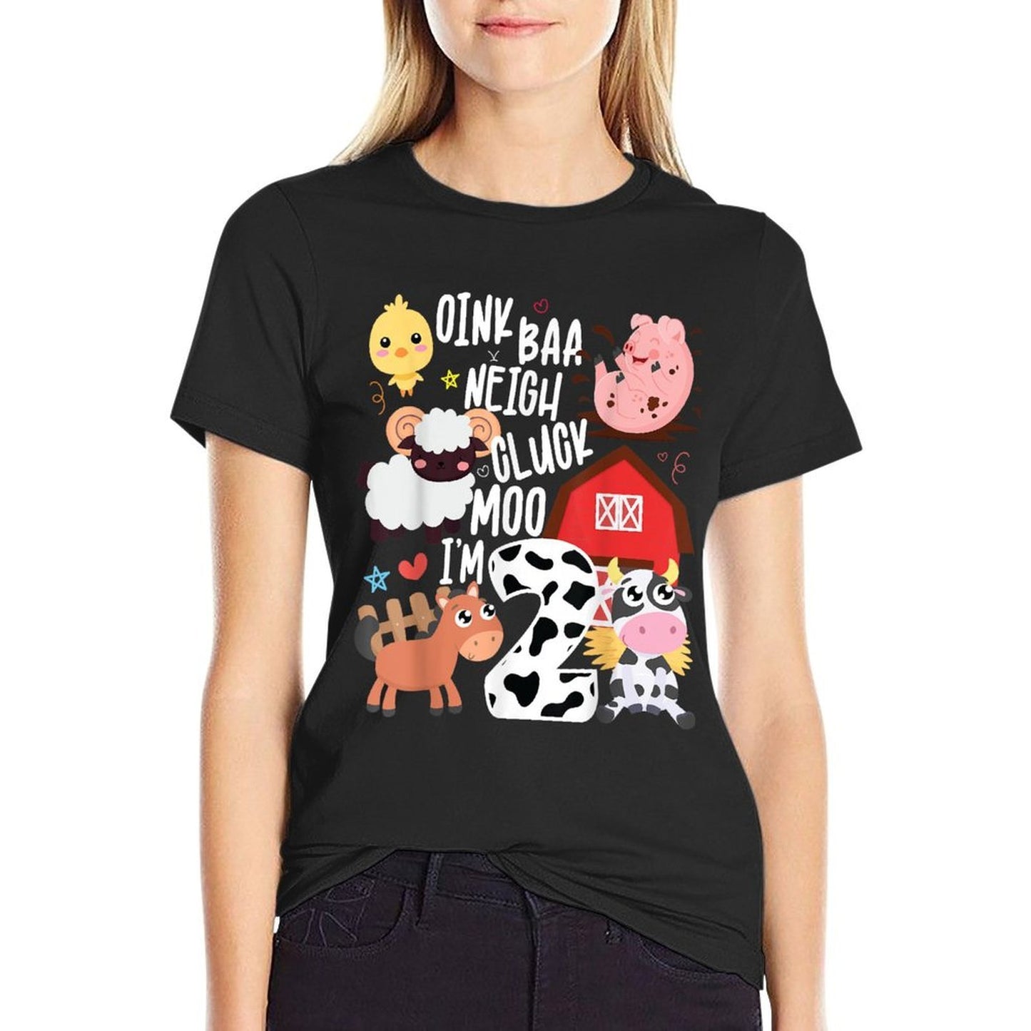 Oink Baa Neigh Cluck Moo I'm Two 2 Farmer 2nd Birthday Farm Stretchy T-Shirt