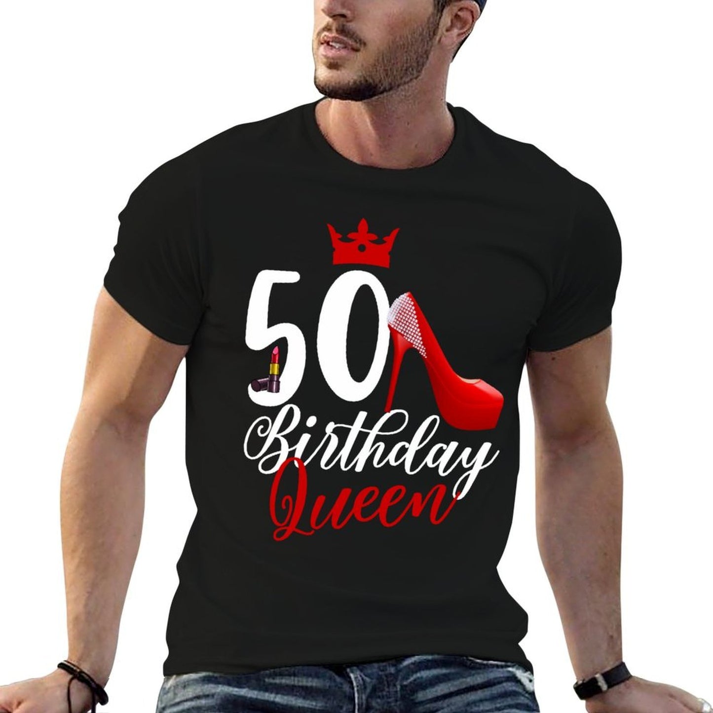 Funny 50th Birthday 50 Birthday Queen Lipstick Stilettos Ribbed Collar T-Shirt