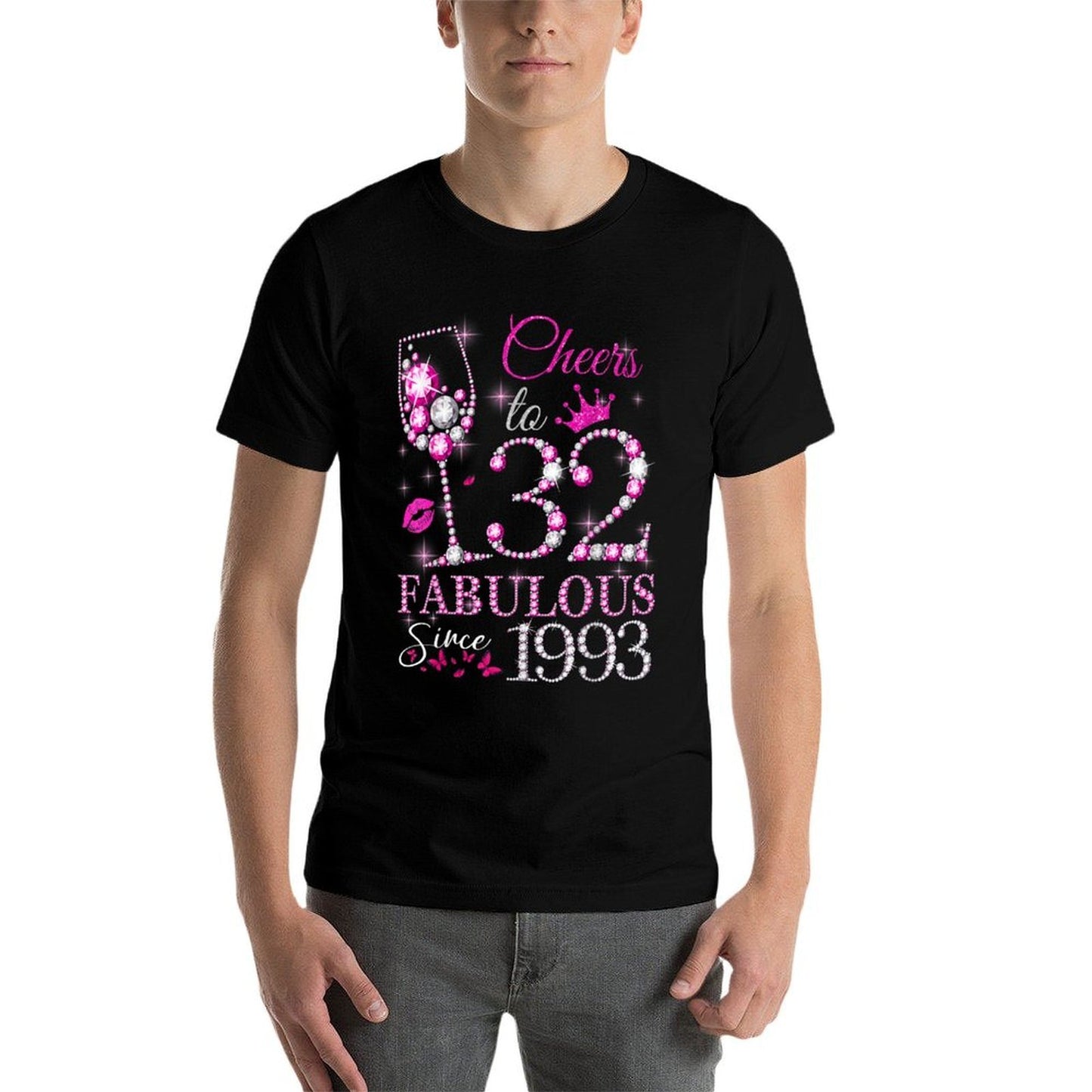 Womens Cheers to 32 Years Old EST 1993 32nd Birthday Queen Trendy Pattern T-Shirt