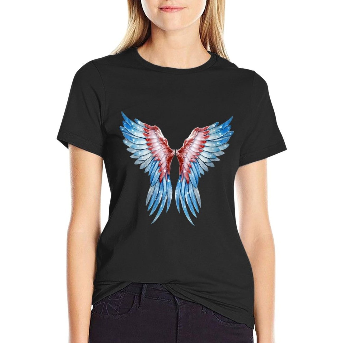 Womens Veterans Day, 4th of July Patriotic Wings Angel Usa Flag Moisture-wicking T-Shirt