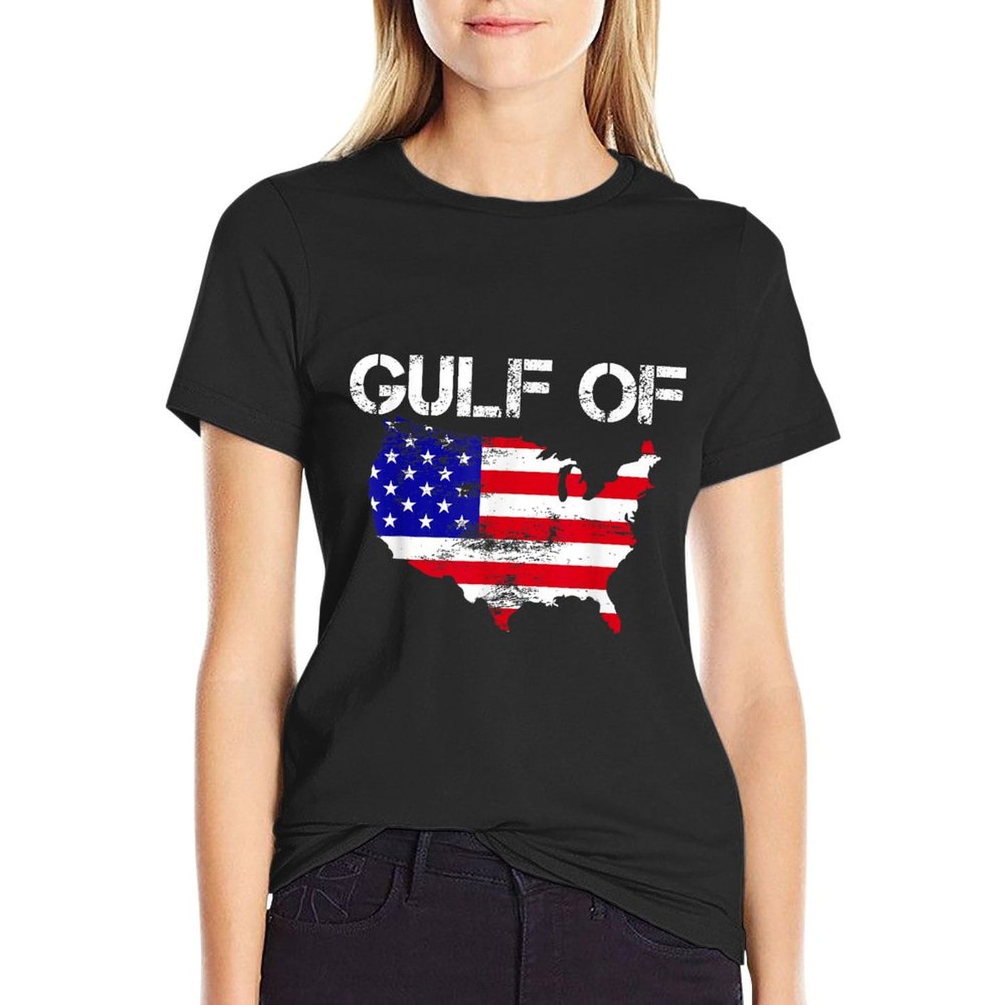 Gulf of USA America Funny USA Flag Map 4th of July Pride Ribbed Collar T-Shirt