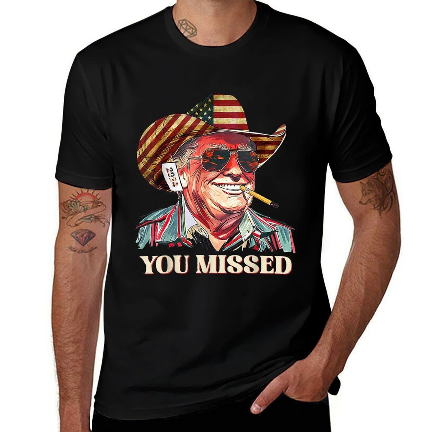 Western Trump Cowboy You Missed American Flag Cowboy Hat Polyester Blend T-Shirt