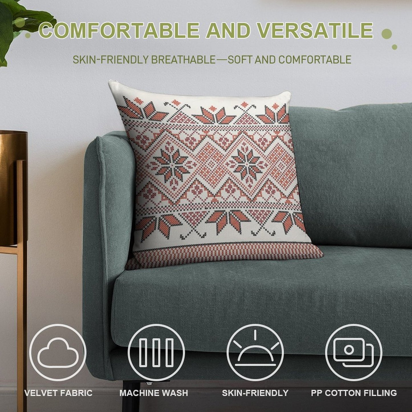 Palestinian Jordanian Tatreez Cross Stitch Realistic Traditional Embroidery Pattern Design #4 Soft Gift Ready Throw Pillow