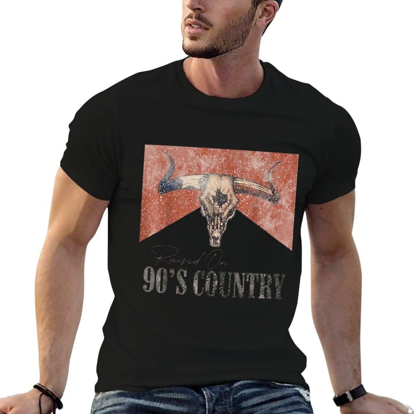 Vintage Western Bull Skull Raised On 90's Country Music Tagless Design T-Shirt