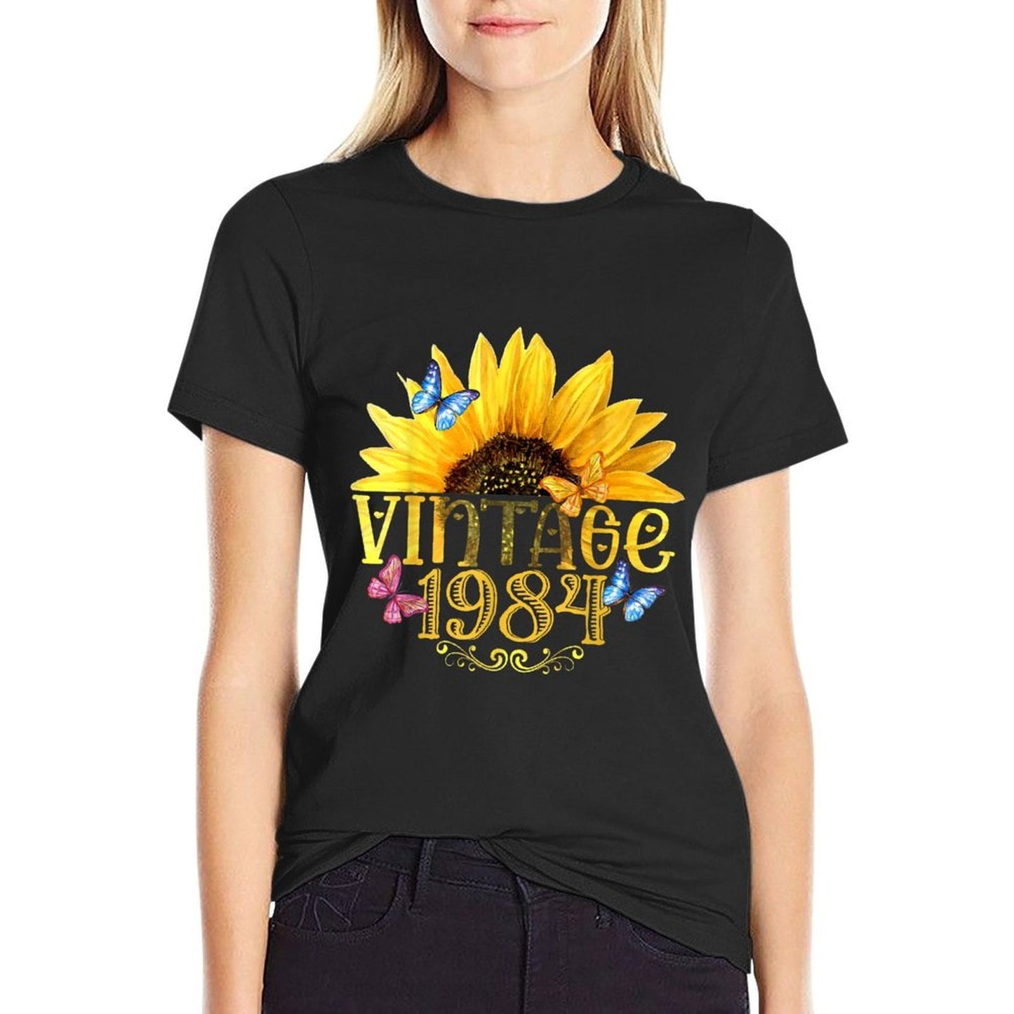 Vintage 1984 Sunflower Floral Butterfly Funny 40th Birthday Odor-resistant T-Shirt