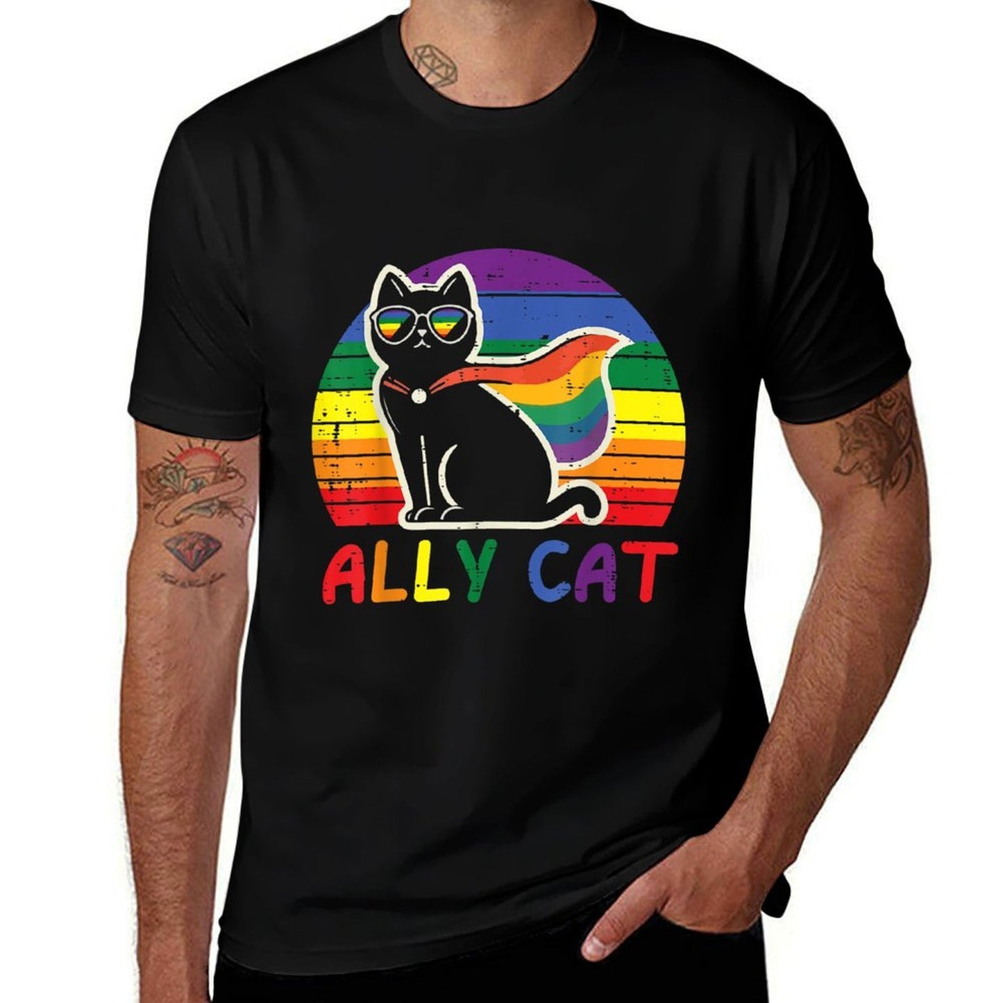 Gay Pride Month Ally Cat Funny LGBTQ Rainbow Men Women Kids Moisture-wicking T-Shirt