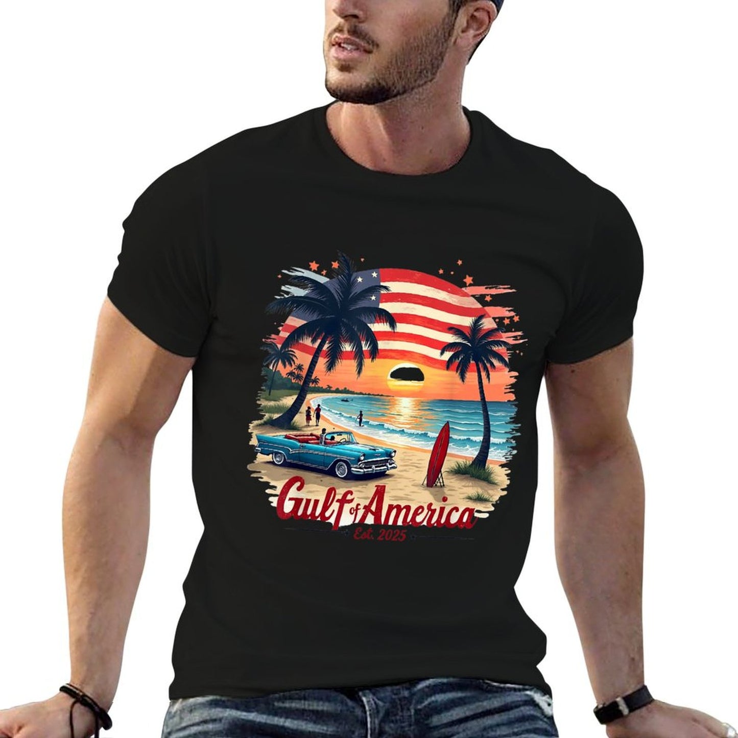 Gulf Retro Of America Est 2025 USA American Flag Men Women Ribbed Collar T-Shirt