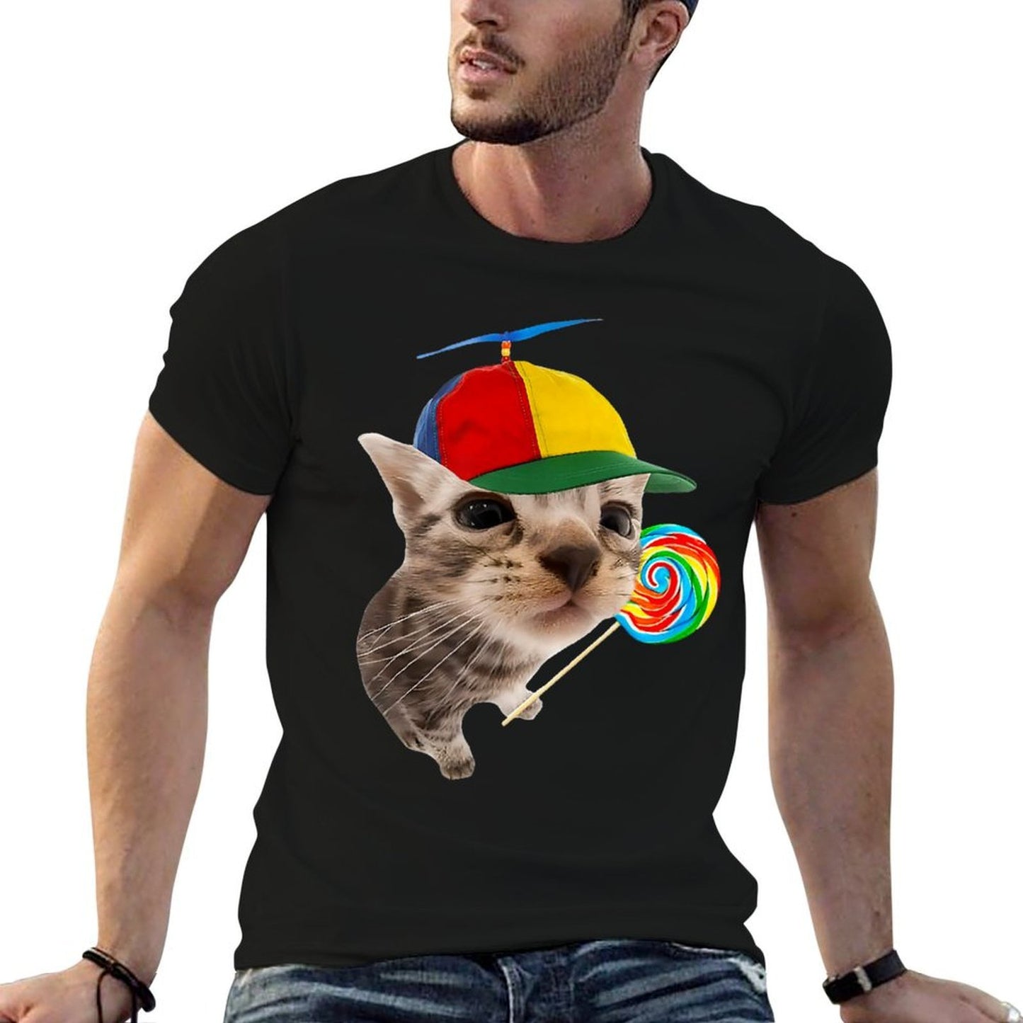Silly Cat With Lollipop Meme Heathered Texture T-Shirt