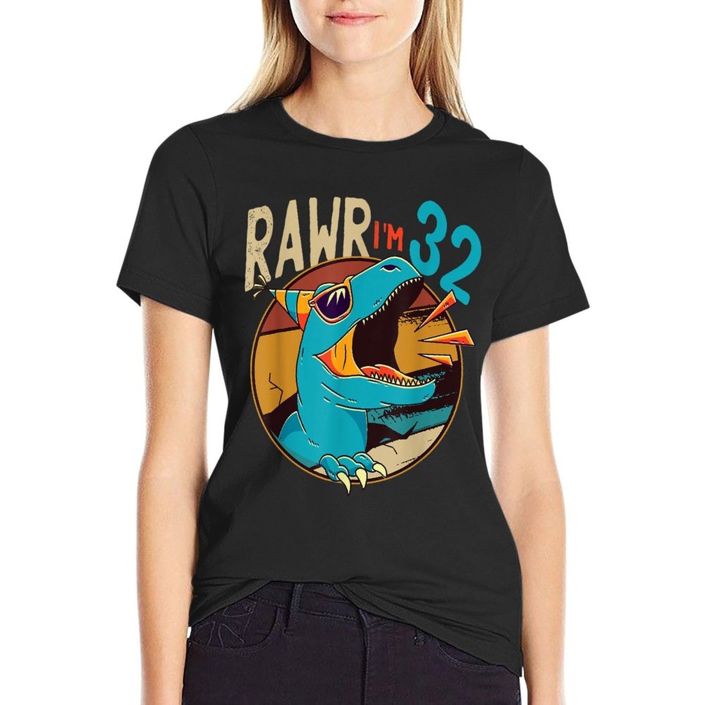 32nd Birthday Dinosaur 32 Years Old Dinosaur Birthday Summer-ready Fabric T-Shirt