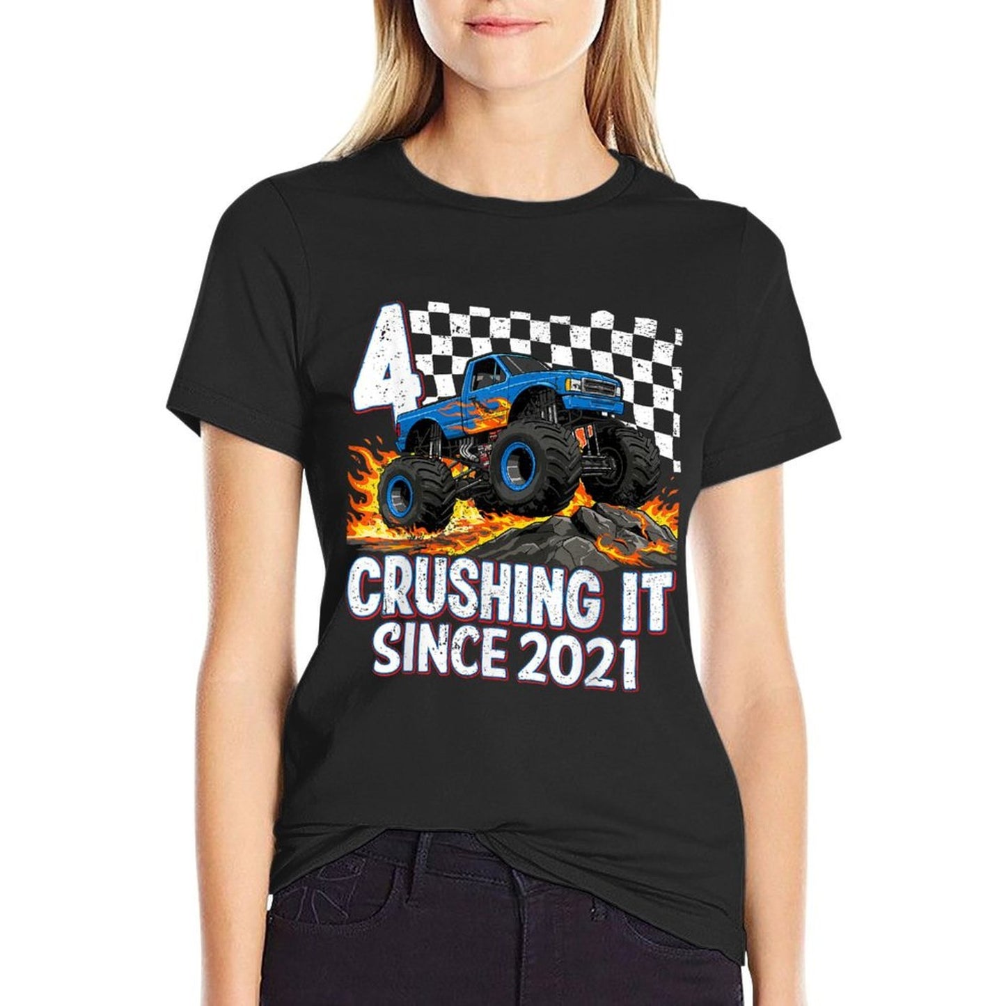4th Birthday Monster Truck 4 Year Old Boys Party Born 2021 Ribbed Collar T-Shirt
