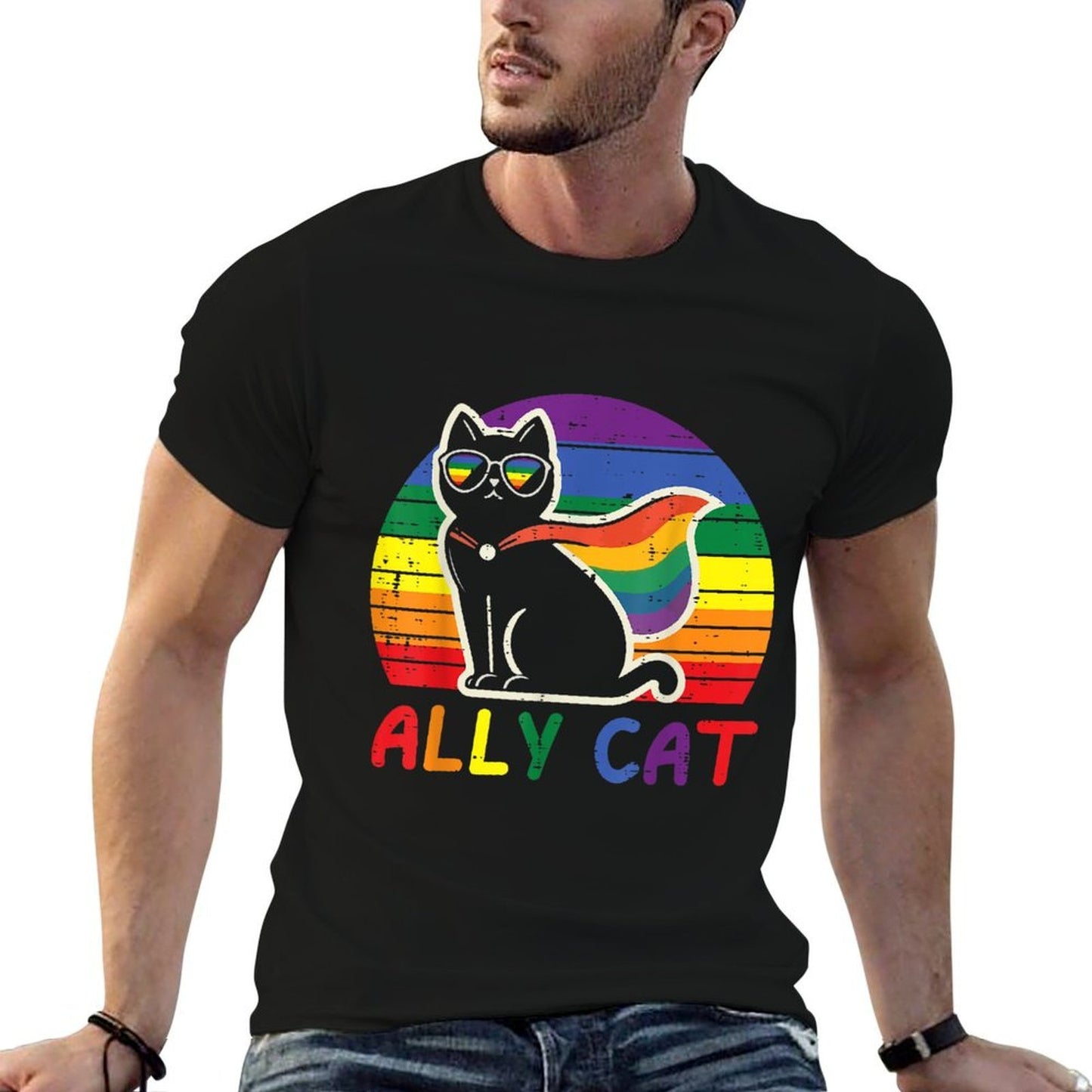 Gay Pride Month Ally Cat Funny LGBTQ Rainbow Men Women Kids Moisture-wicking T-Shirt