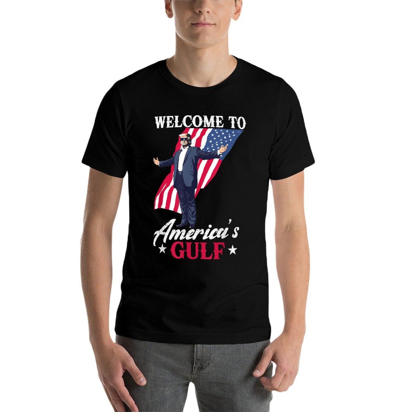 Gulf of USA America Funny USA Flag Ribbed Collar T-Shirt