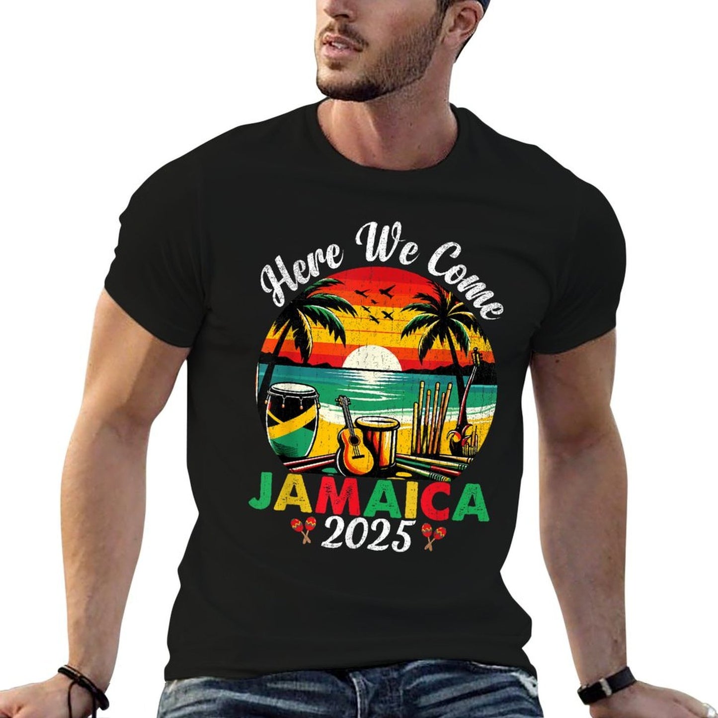 Here We Come Jamaica 2025 Girls Trip Family Summer Vacation Ribbed Collar T-Shirt