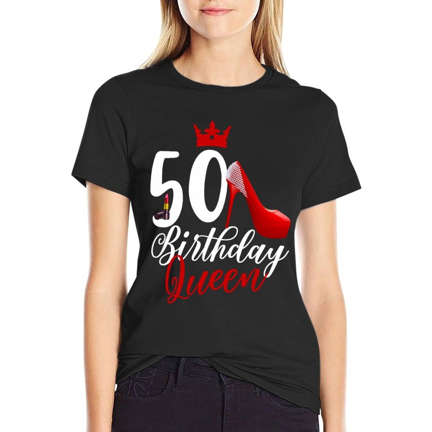 Funny 50th Birthday 50 Birthday Queen Lipstick Stilettos Ribbed Collar T-Shirt
