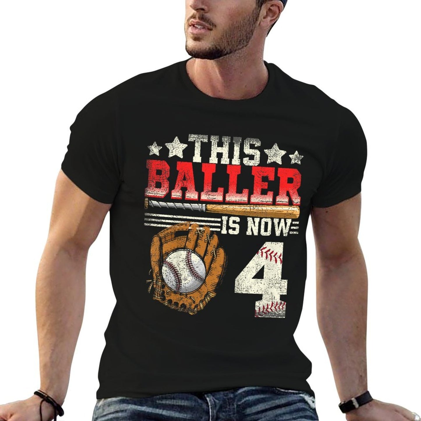 Kids 4th Birthday Boy Baseball Kids Four Year Old Trendy Pattern T-Shirt