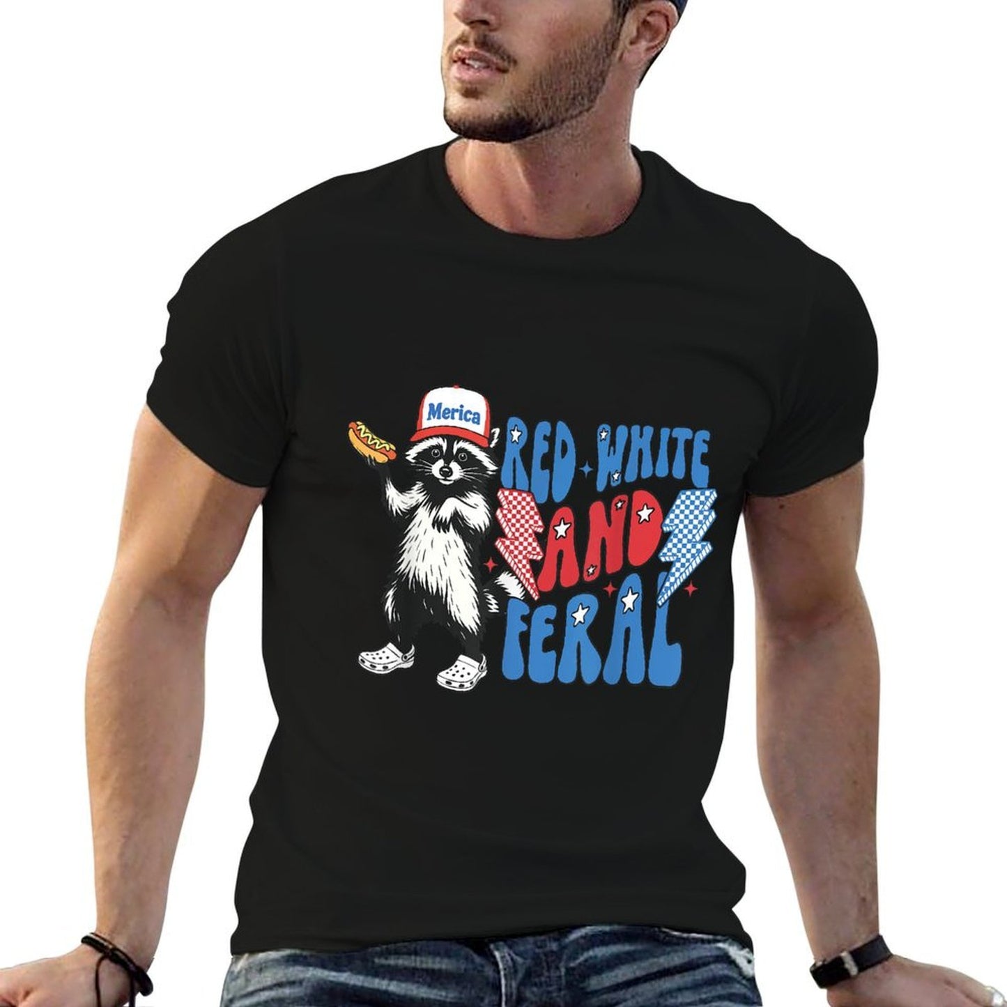 Red White And Feral Funny Raccoon 4th of July Patriotic High-quality Stitching T-Shirt