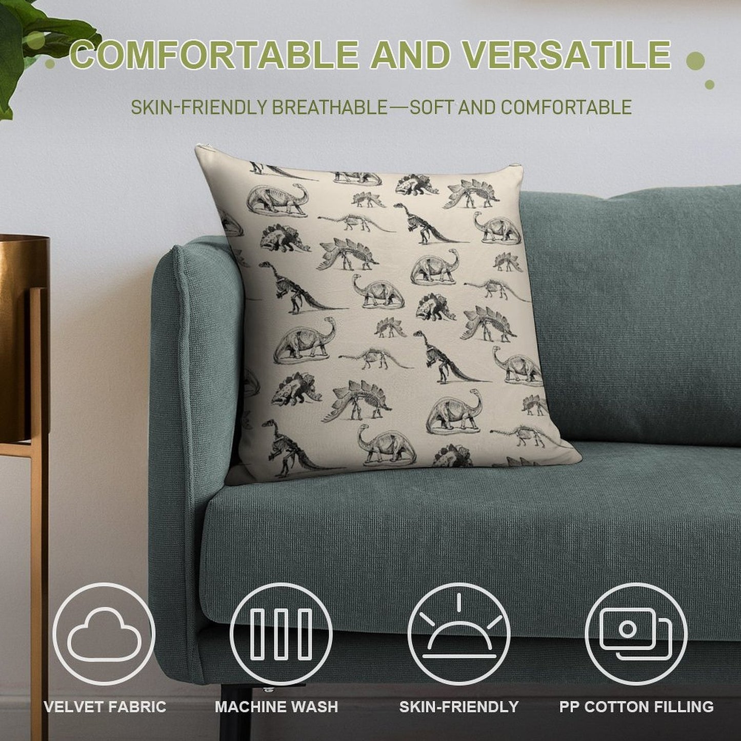 Vintage Museum Dinosaur Skeleton Illustrations, Black & Cream Dinos Soft Easy Maintenance Throw Pillow