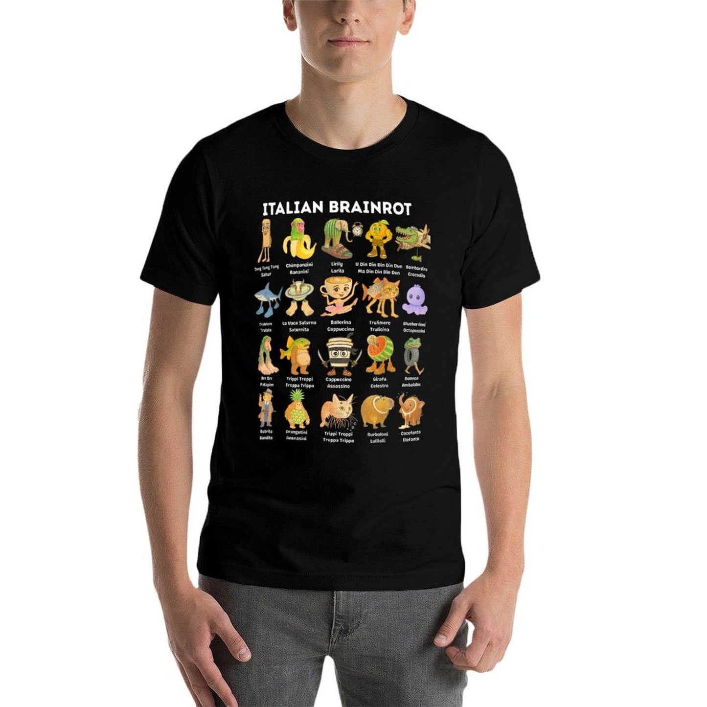 Types of Italian Brainrot Meme Character Hand Drawn for Kids Ribbed Collar T-Shirt