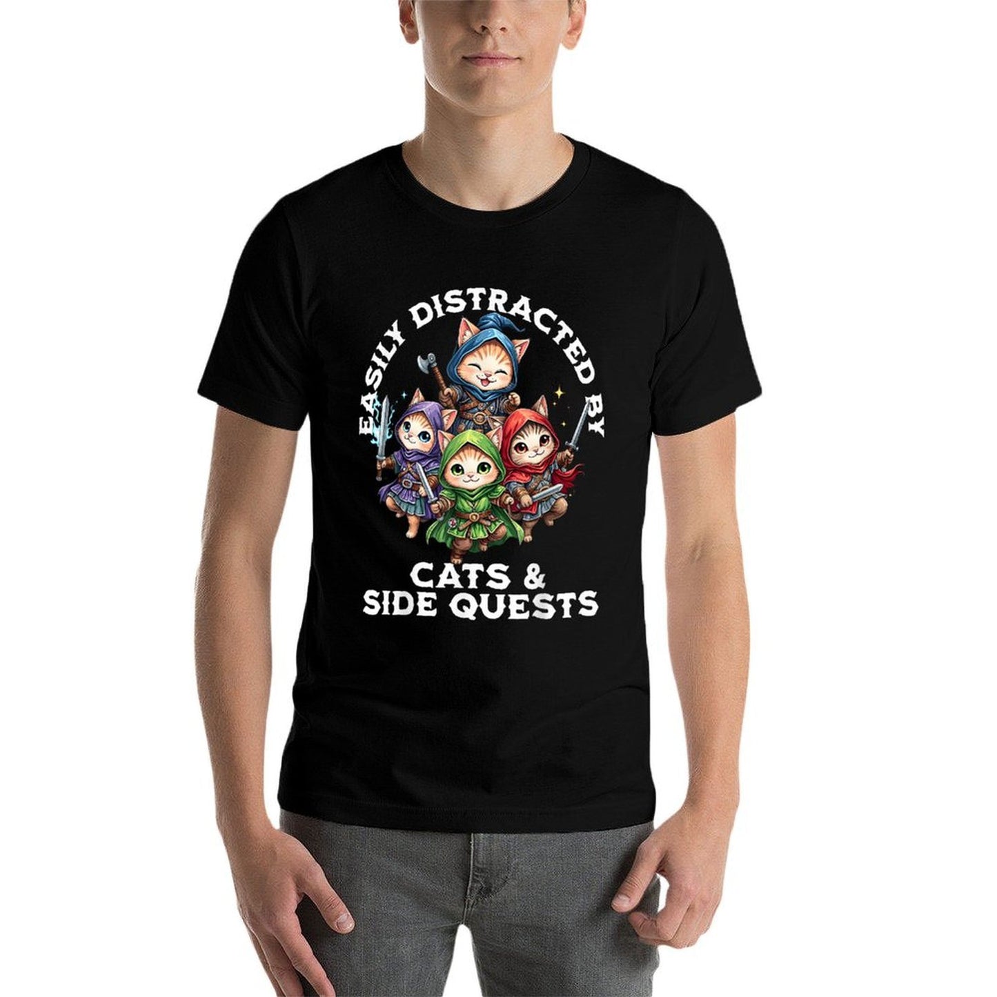 Easily Distracted by Cats And Side Quests Funny Gamer Cat Polyester Blend T-Shirt