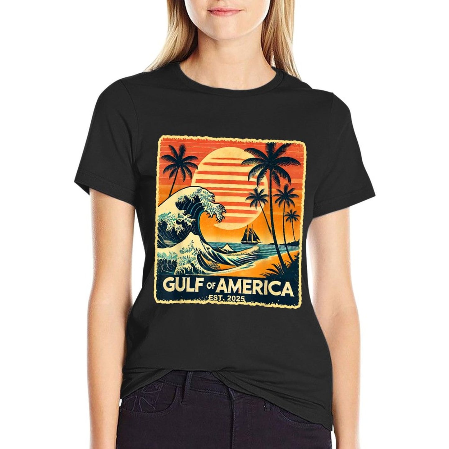 Retro Gulf Of USA America Est 2025 American Flag July 4th Heathered Texture T-Shirt
