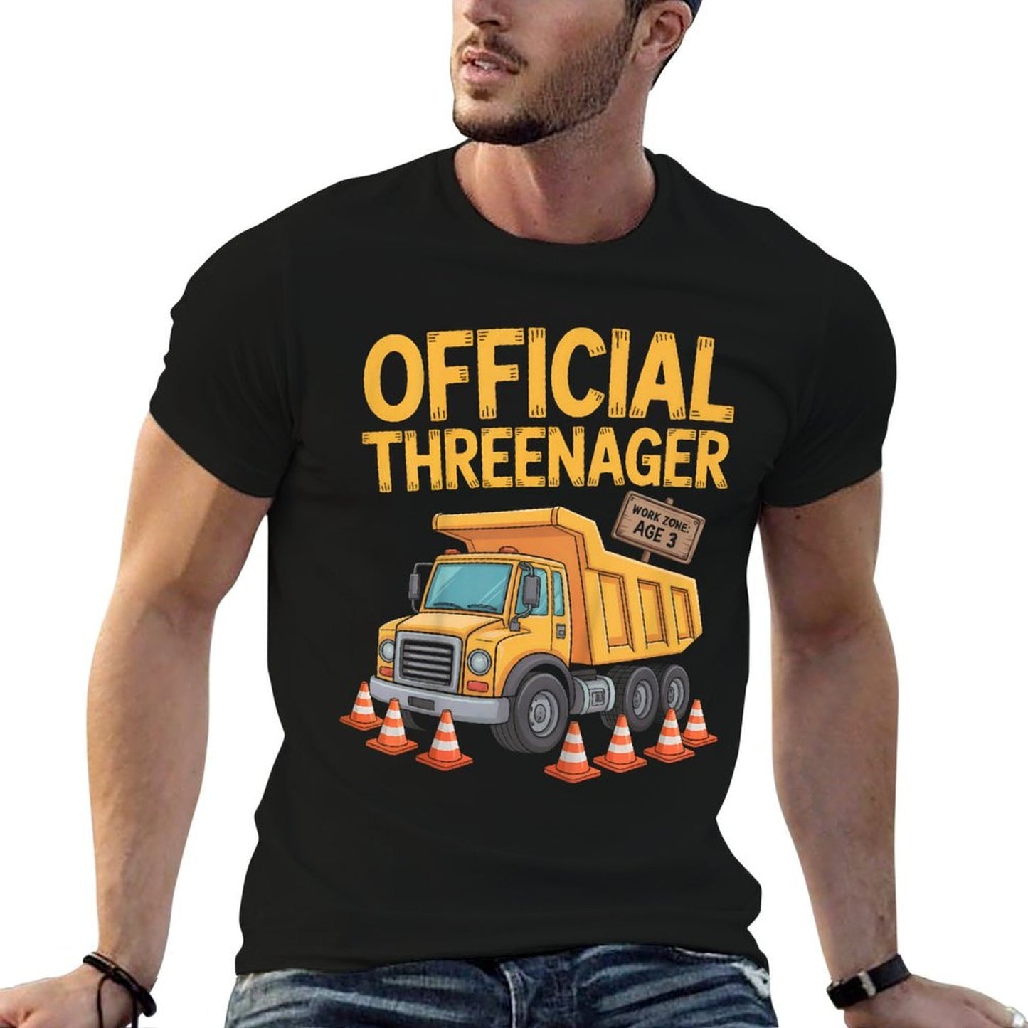 Kids Birthday Boy Three Years Old Threenager Construction Truck Heathered Texture T-Shirt