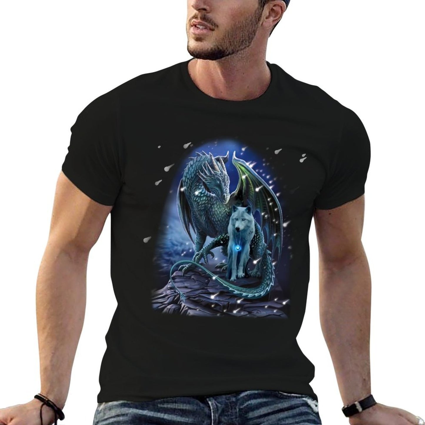 Wolf And Dragon Together In Winter Graphic-printed T-Shirt