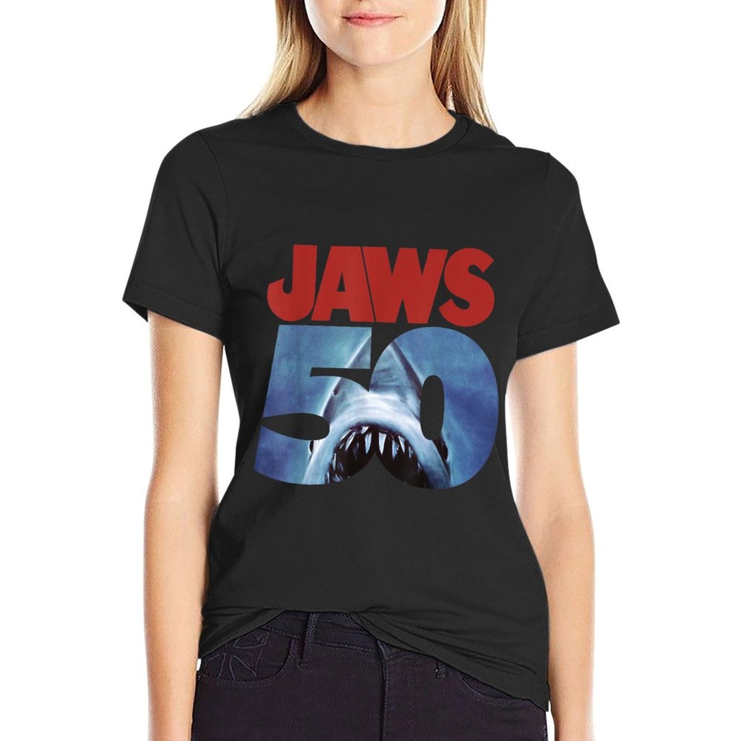 Jaws 50th Anniversary Logo Front & Back Fade-proof Color T-Shirt