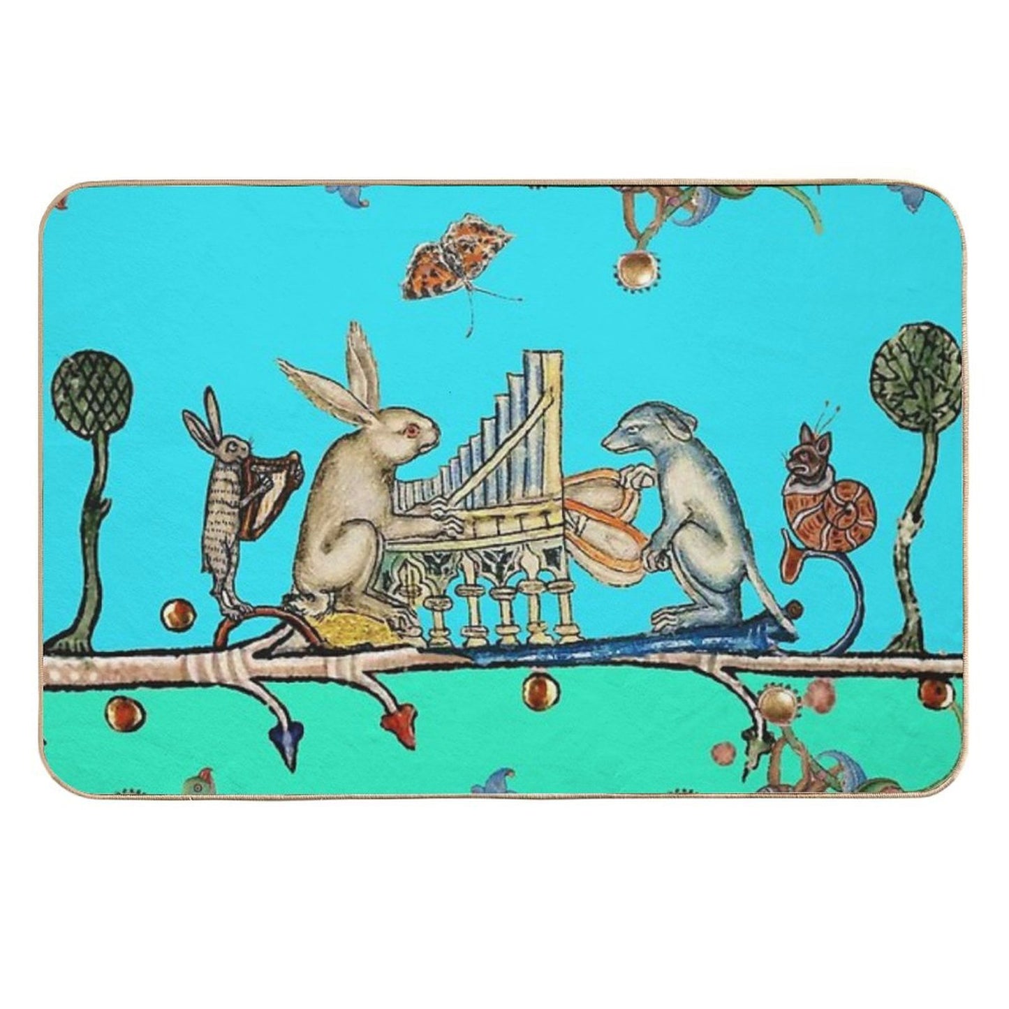 WEIRD MEDIEVAL BESTIARY MAKING MUSIC,White Rabbit And Dog Playing Organ, Harpist Hare, Snail Cat in Blue Anti-Trip Bath Mat
