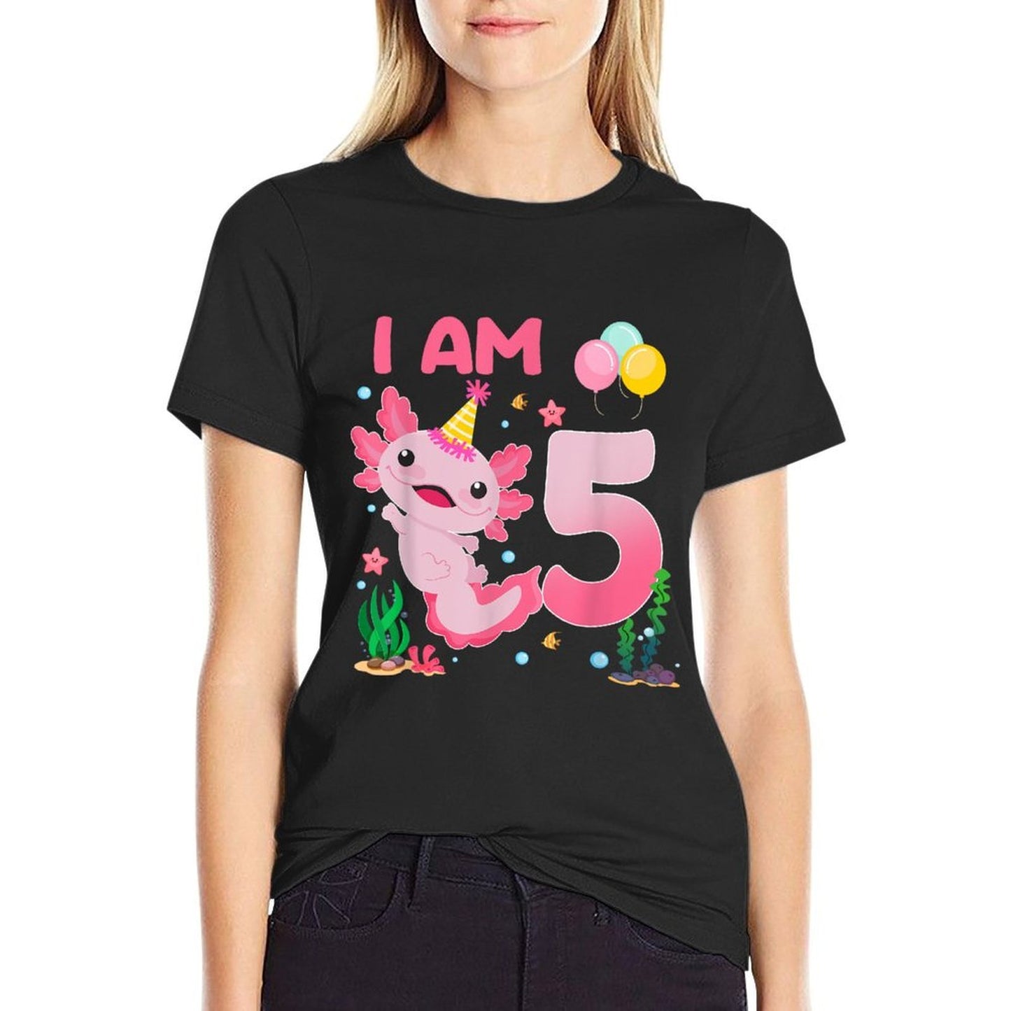 5th Birthday Girls 5 Year Old Birthday Axolotl Theme Oversized Silhouette T-Shirt
