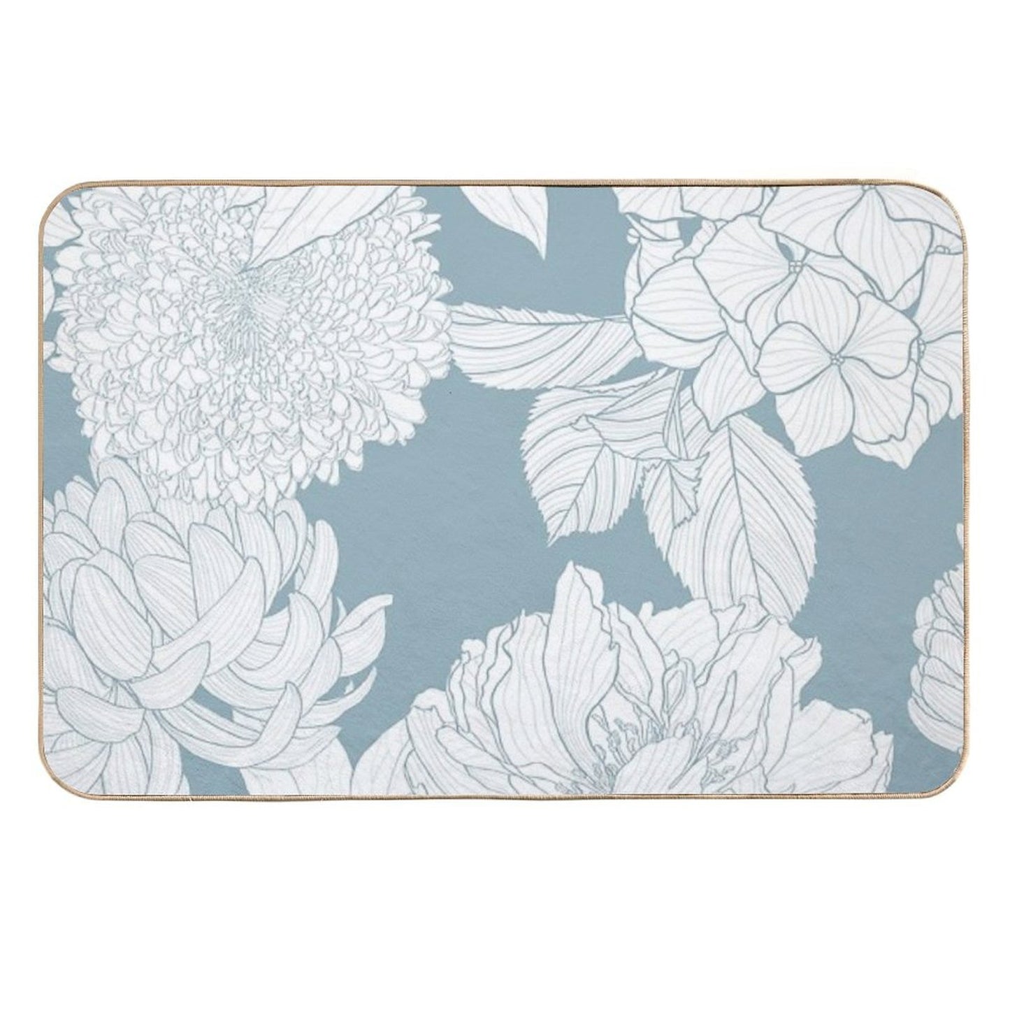 Garden Flower Illustration. Line Vintage Seamless Pattern. Chrysathemum, Hydrangea, Peony Spring Line Illustration. Durable Bath Mat