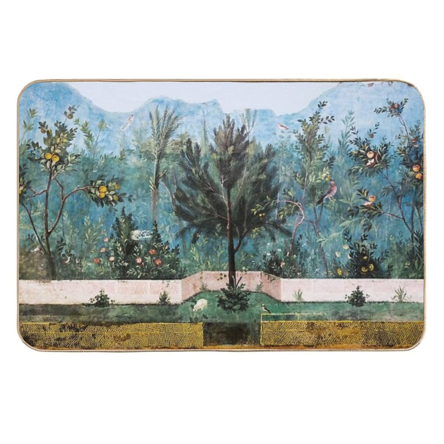 ANTIQUE ROMAN WALL PAINTING Flower Garden Flying Birds Pine,Quince And Apple Trees Multi-Purpose Bath Mat