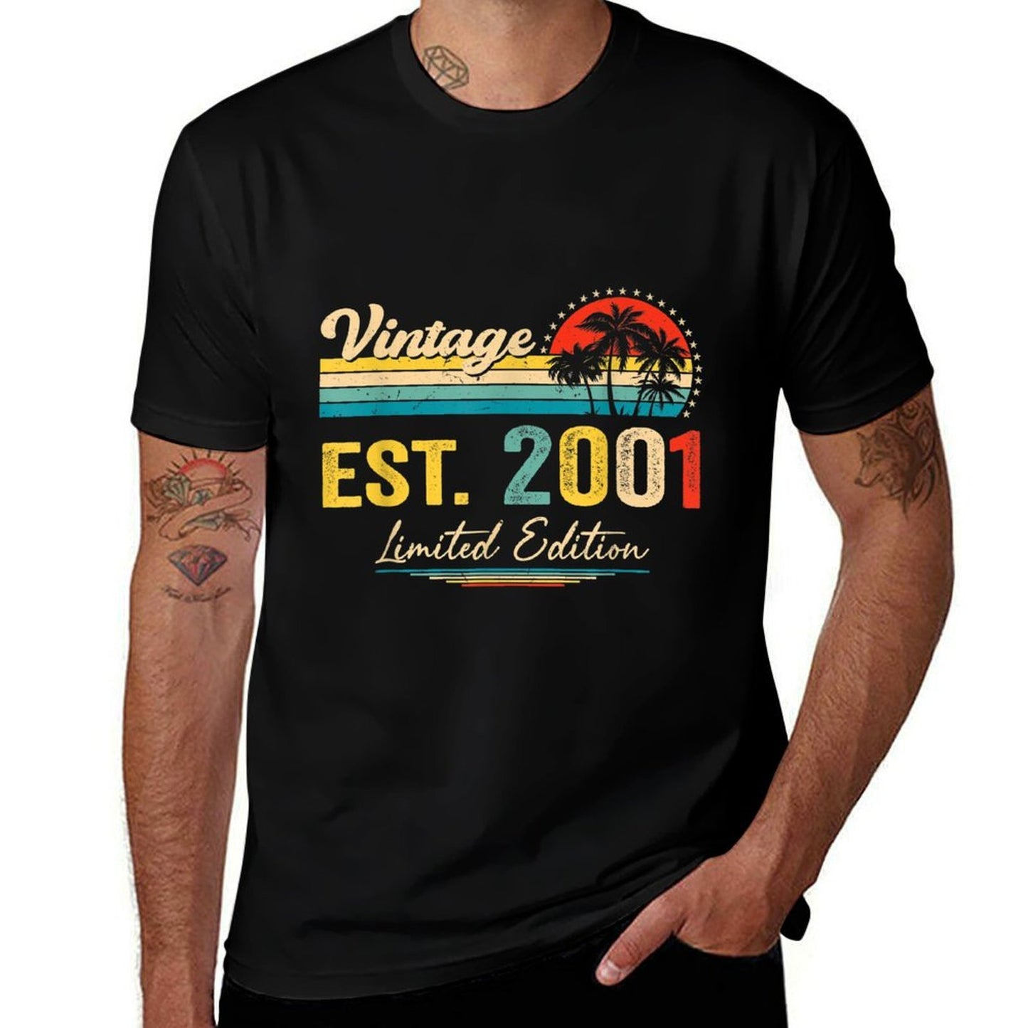 Vintage 2001 Retro 21 Years Old Being Awesome 21st Birthday Ribbed Collar T-Shirt