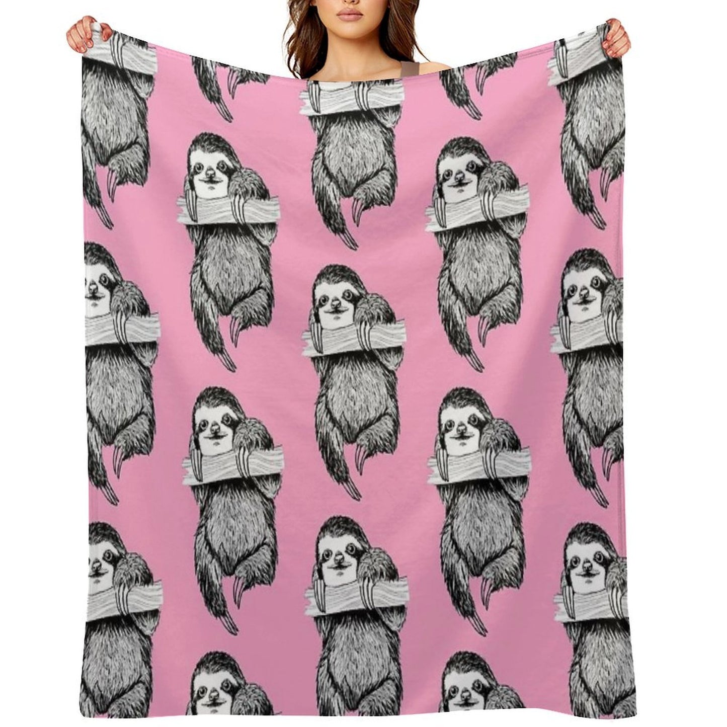 SLOTH HANGING OUT ON CARNATION PINK Velvety-soft Throw Blanket
