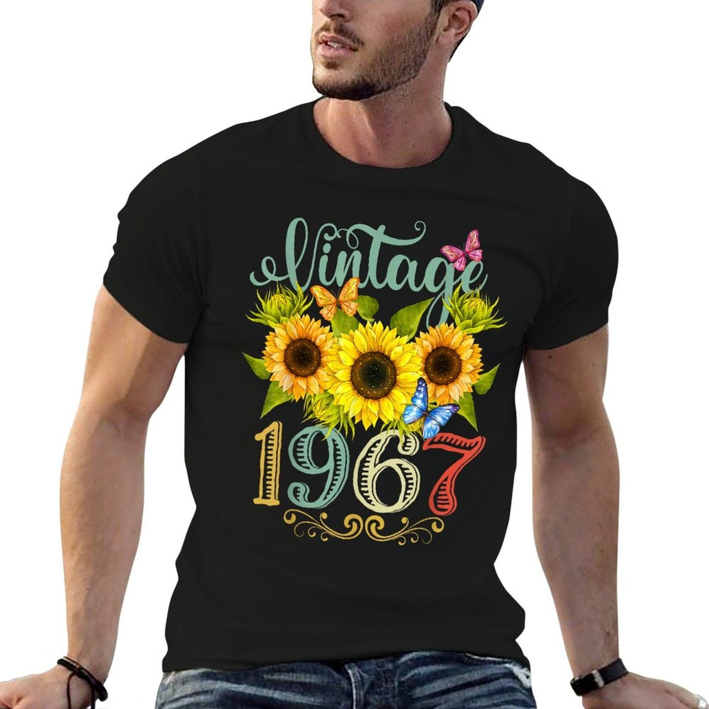 Sunflower Floral Butterfly Vintage 1967 Funny 58th Birthday Heathered Texture T-Shirt