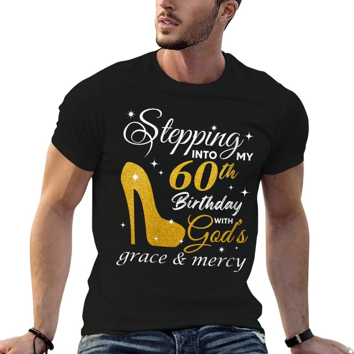 Womens Stepping Into My 60th Birthday With God's Grace And Mercy Rolled Sleeves T-Shirt