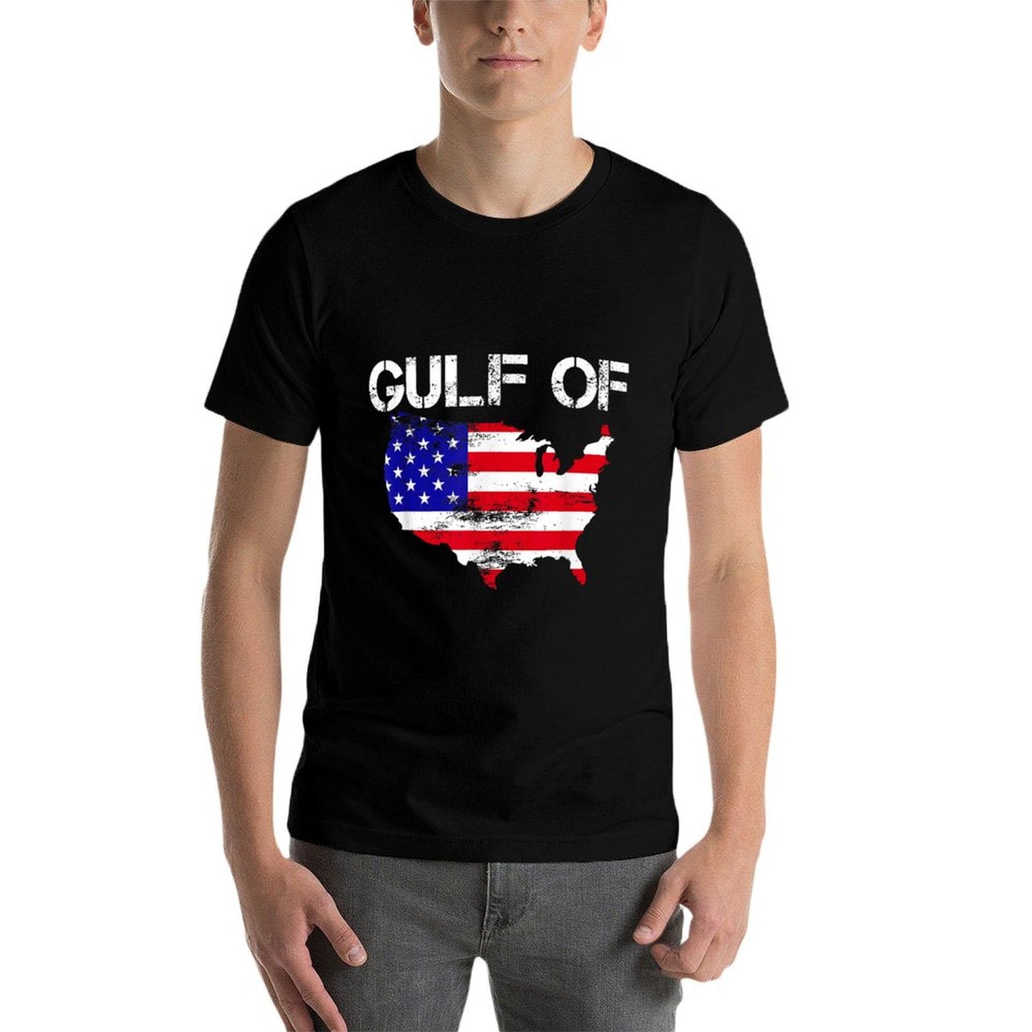 Gulf of USA America Funny USA Flag Map 4th of July Pride Ribbed Collar T-Shirt