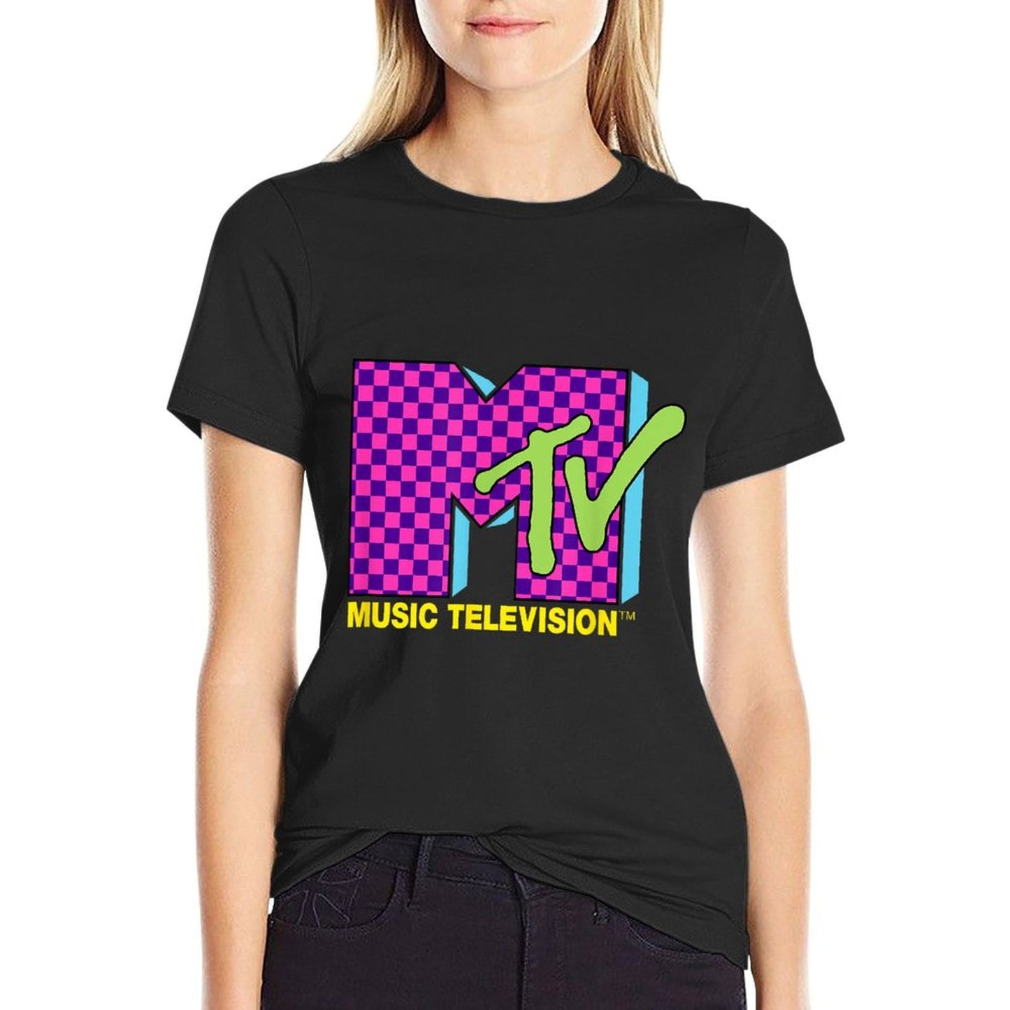 MTV Music Television Retro 80s Neon Pink Checkerboard Logo Polyester Blend T-Shirt