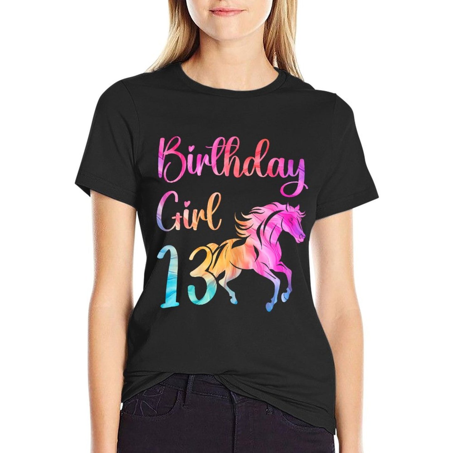 13th Birthday Horse 13 Year Old Girl Birthday Horse Lovers Rolled Sleeves T-Shirt