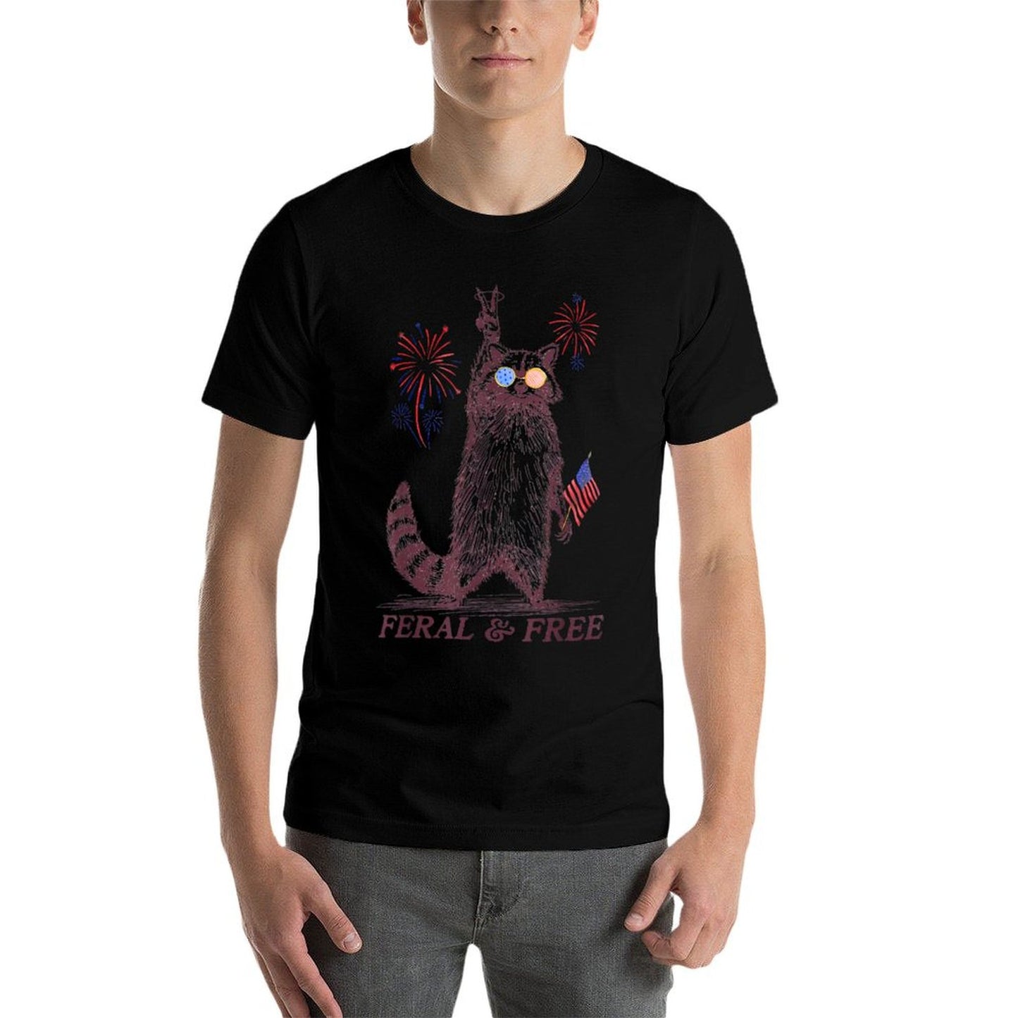 Feral & Free Funny Patriotic Racoon Feral And Free 4th July Trendy Pattern T-Shirt