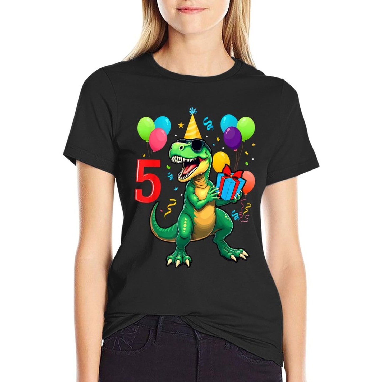 5th Birthday Boy Dinosaur Happy Bday T-rex Party Kids Ribbed Collar T-Shirt