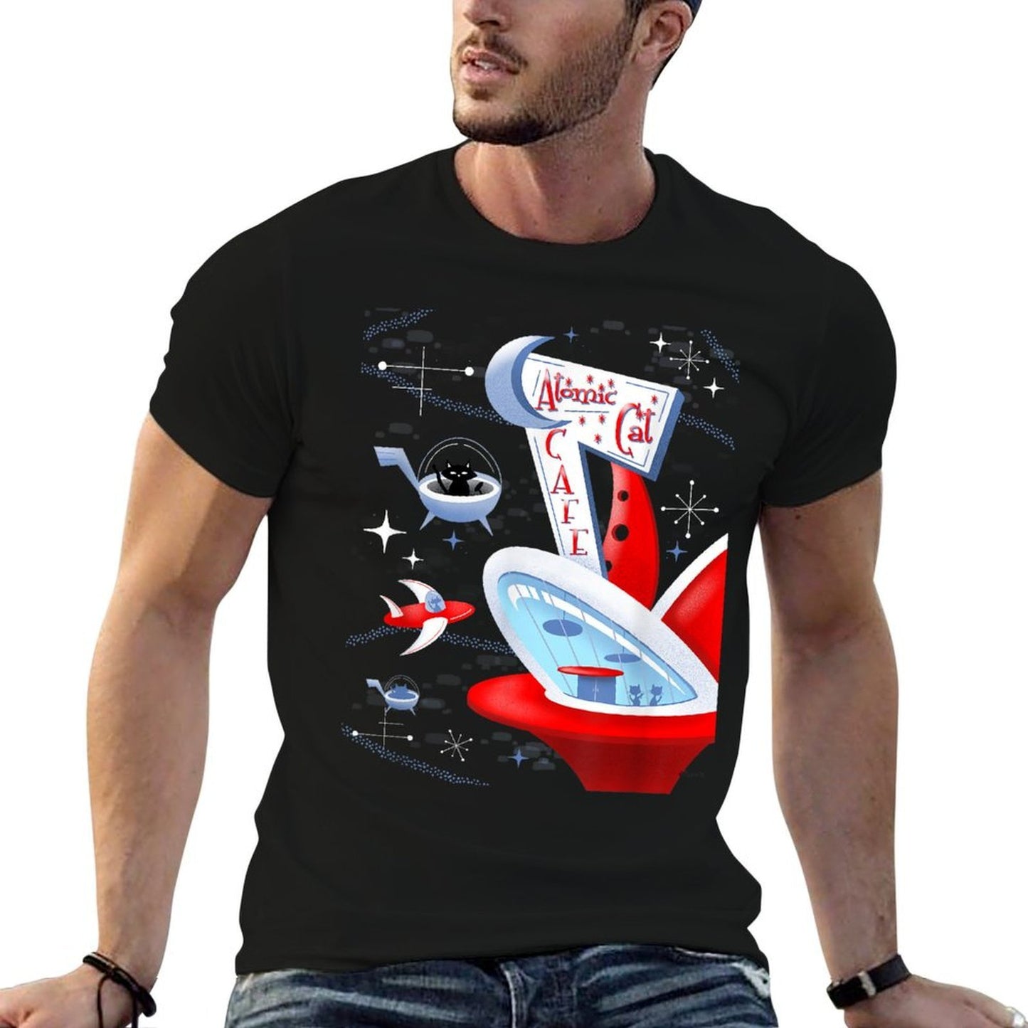 Funny Atomic Cat Cafe Retro Futuristic Spaceport Mid Century Eco-friendly Material T-Shirt